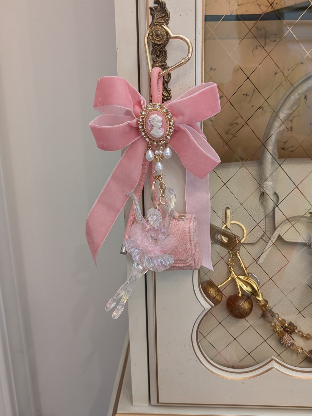 Pink Ballerina Charm Bag Keychain with Velvet Bow and Cameo